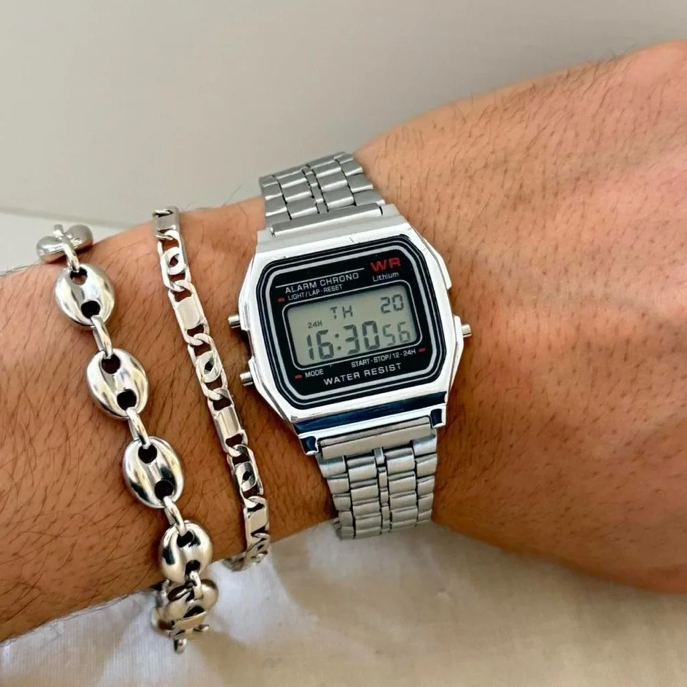 Y2K 2000s vintage retro style silver stainless steel digital watch